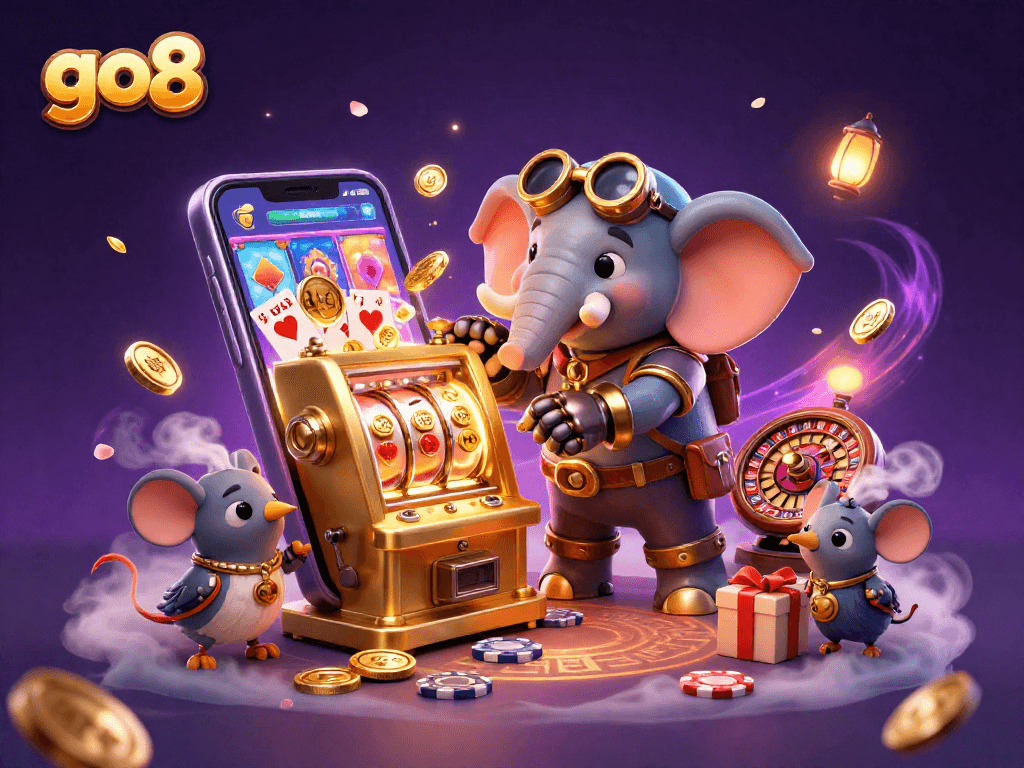 Spin slots with go8's 3D steampunk elephant engineer and magical elements in a vibrant casino scene.