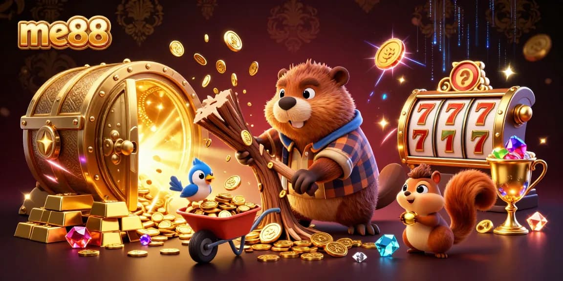Winning prizes at me88 in a vibrant, detailed casino scene with animated characters collecting coins.