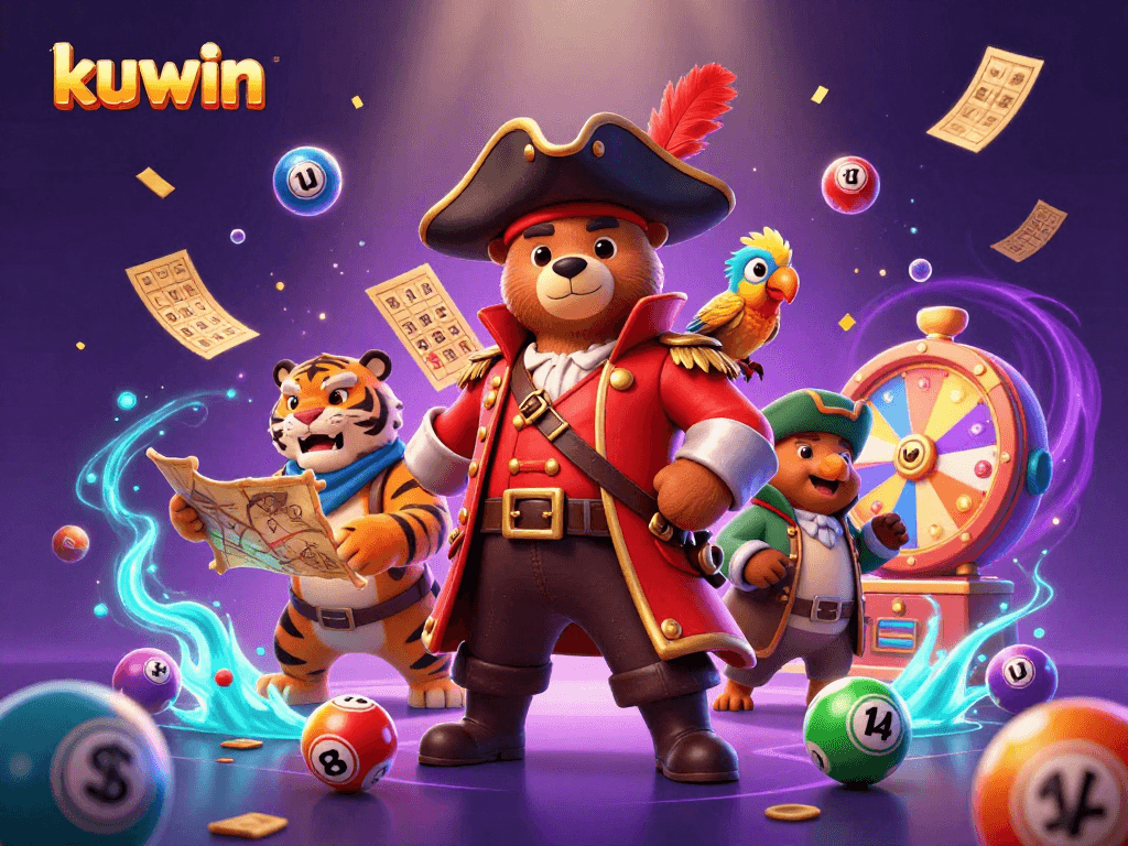Engage in exciting gaming adventures with kuwin as a bear captain leads with a tiger and parrot in vibrant casino scene.
