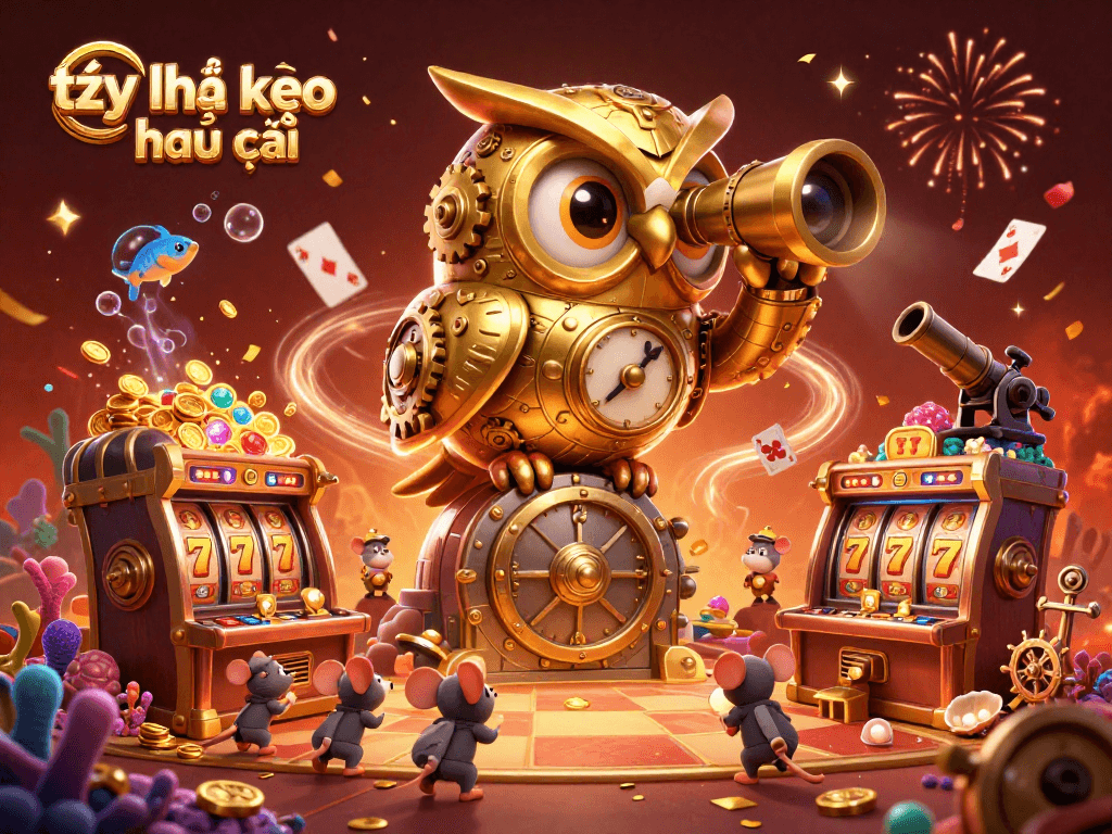 Bet on tỷ lệ kèo nhà cái with a vibrant 3D casino scene featuring a clockwork owl and slot machines.
