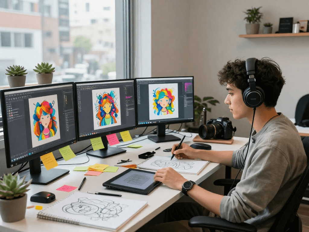 Creating innovative designs in a vibrant digital art studio showcasing 18+ ai technologies.