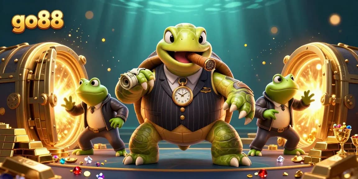 Engage with go88 and explore an extravagant casino scene featuring cartoon characters amidst treasures and lights.