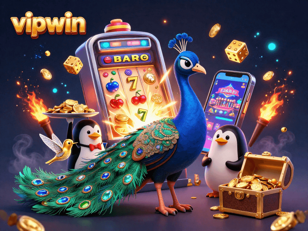 Engage in thrilling casino games with vipwin's vibrant 3D illustration showcasing excitement and dynamic gameplay.