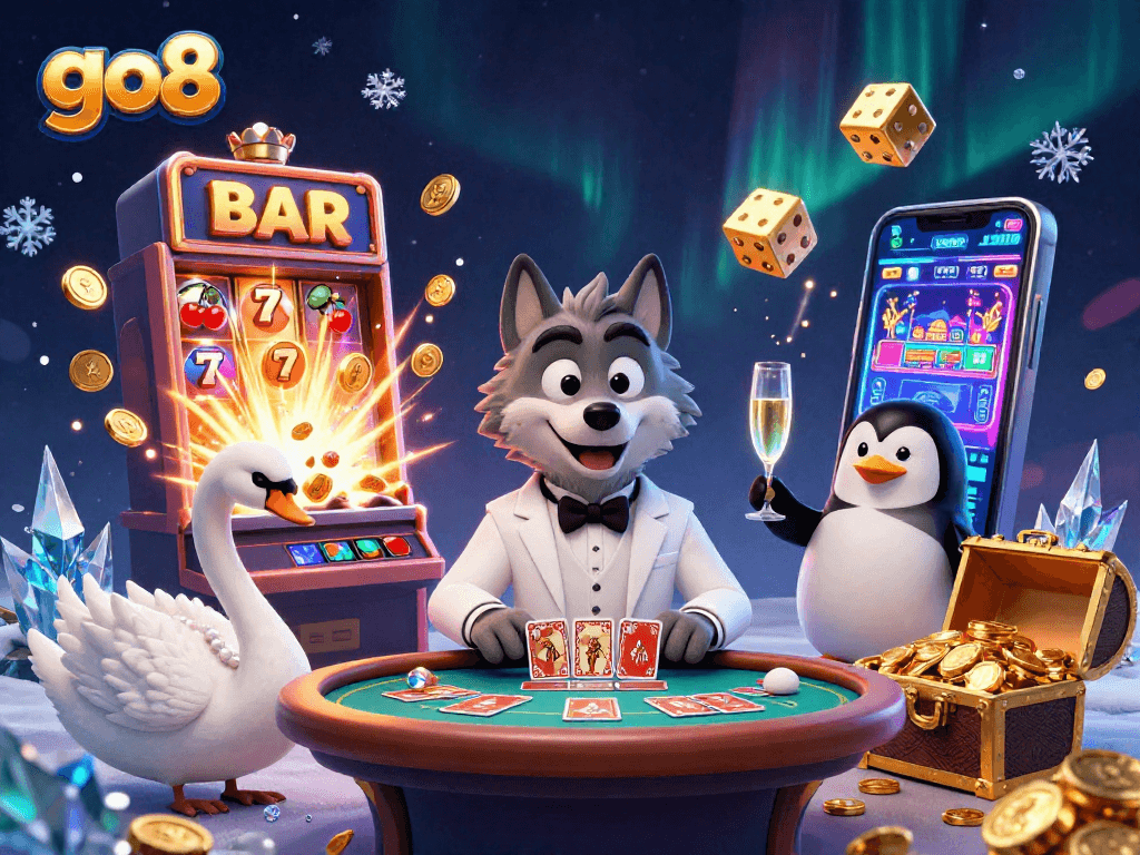 Experience the excitement at go8 with a lavish casino scene featuring a gaming wolf, elegant swan dealer, and classy penguin sommelier.