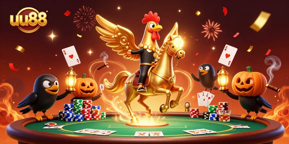 uu88 players enjoying an exhilarating casino atmosphere with a golden rooster and crow characters.