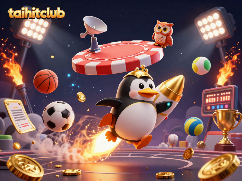 Experience the thrill of taihitclub with a golden penguin and sports elements in outer space.