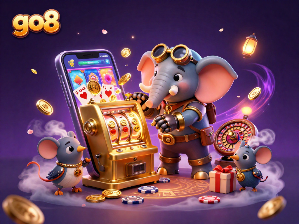 Spin slots with go8's 3D steampunk elephant engineer and magical elements in a vibrant casino scene.