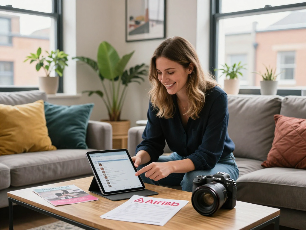 Airbnb management Sheffield scene with local host reviewing bookings in a stylish apartment