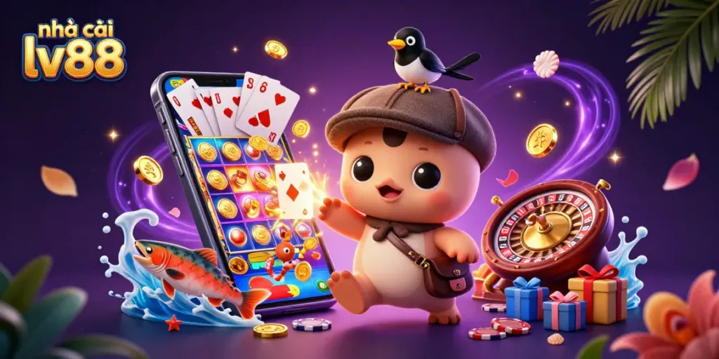 Experience excitement at nhà cái lv88 with vibrant casino visuals and game elements in a whimsical illustration.