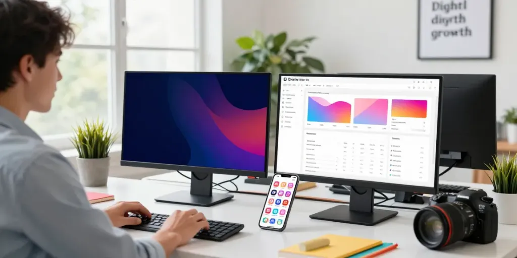 Analyzing Instagram followers metrics in a modern marketing office.