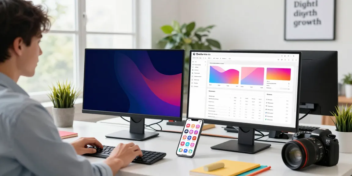 Analyzing Instagram followers metrics in a modern marketing office.