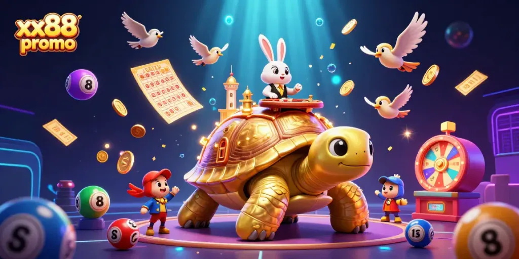 Experience the excitement of xx88 promo with a vibrant, dynamic 3D casino scene featuring playful elements and characters.