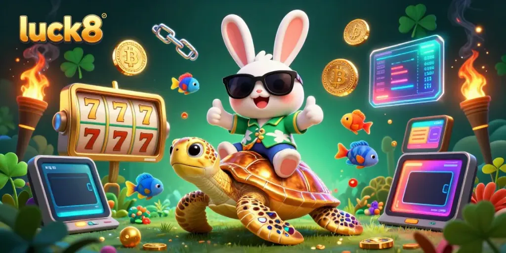 Experience thrilling gameplay at luck8 with vibrant visuals of a lucky rabbit and golden turtle in a casino setting.