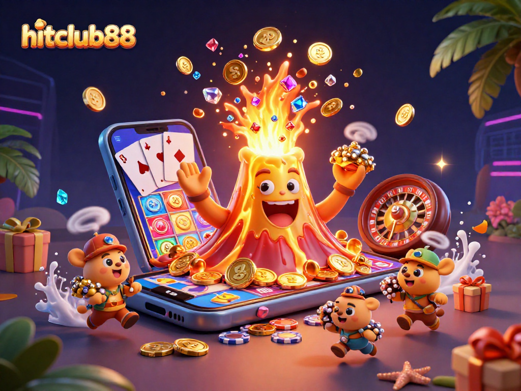 Experience hitclub88 with thrilling slots and a magical treasure explosion in this vibrant casino illustration.