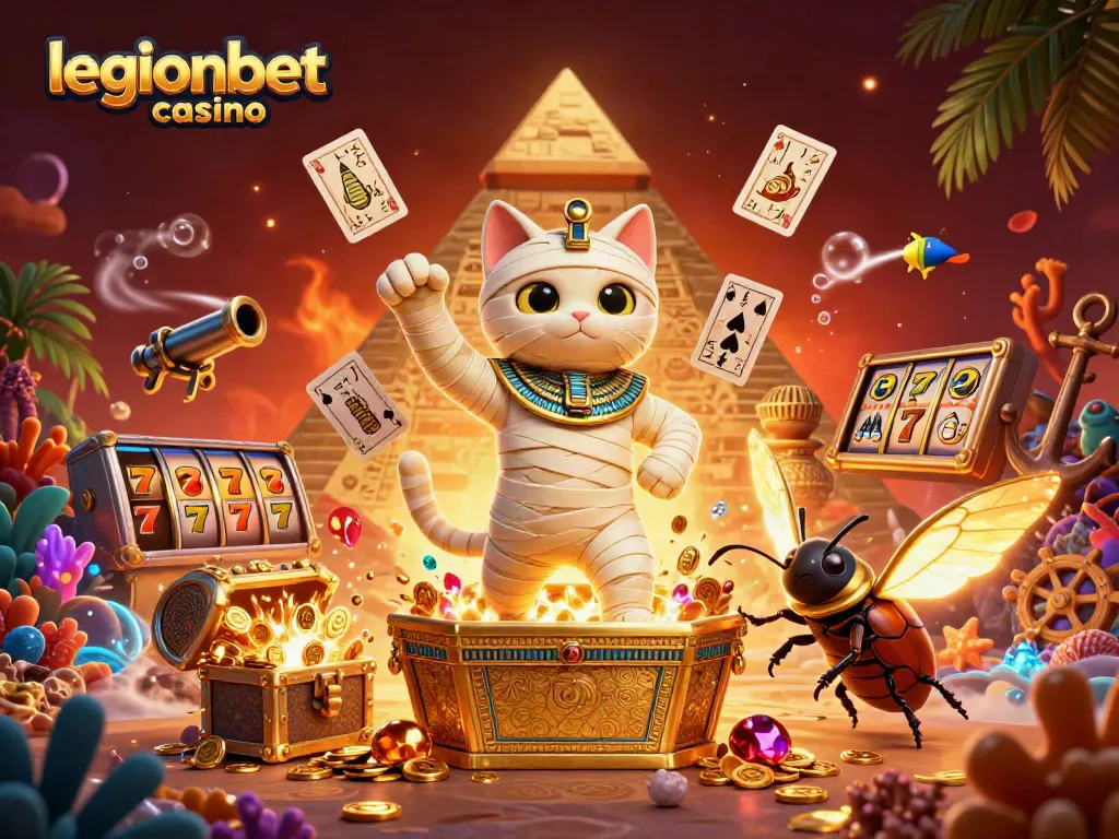 Spin the reels at legionbet casino with a mummy cat and a scarab beetle amidst riches.