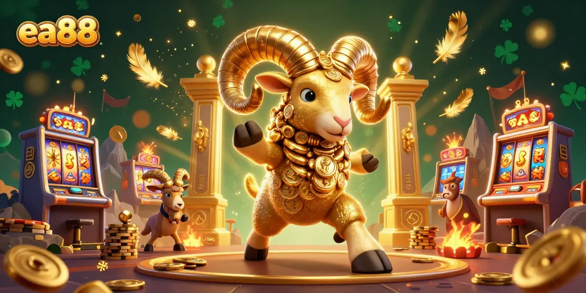ea88 brings the thrill of a vibrant casino with a golden ram charging past slot machines and coins.