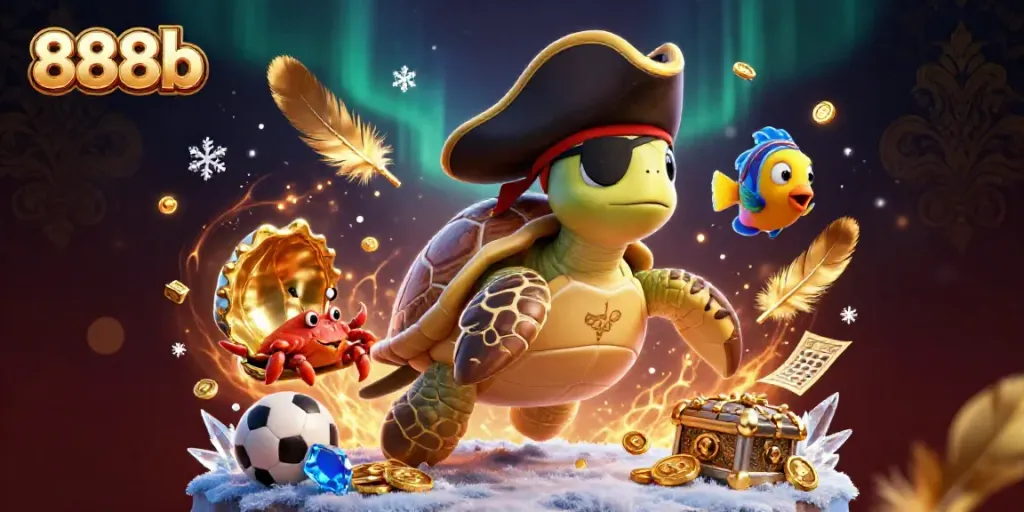 Experience thrilling sports betting with 888b in an ultra-detailed 3D pirate-themed illustration.