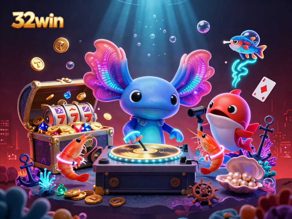 Experience 32win's underwater casino fun with vibrant axolotl DJ and dynamic gaming elements.