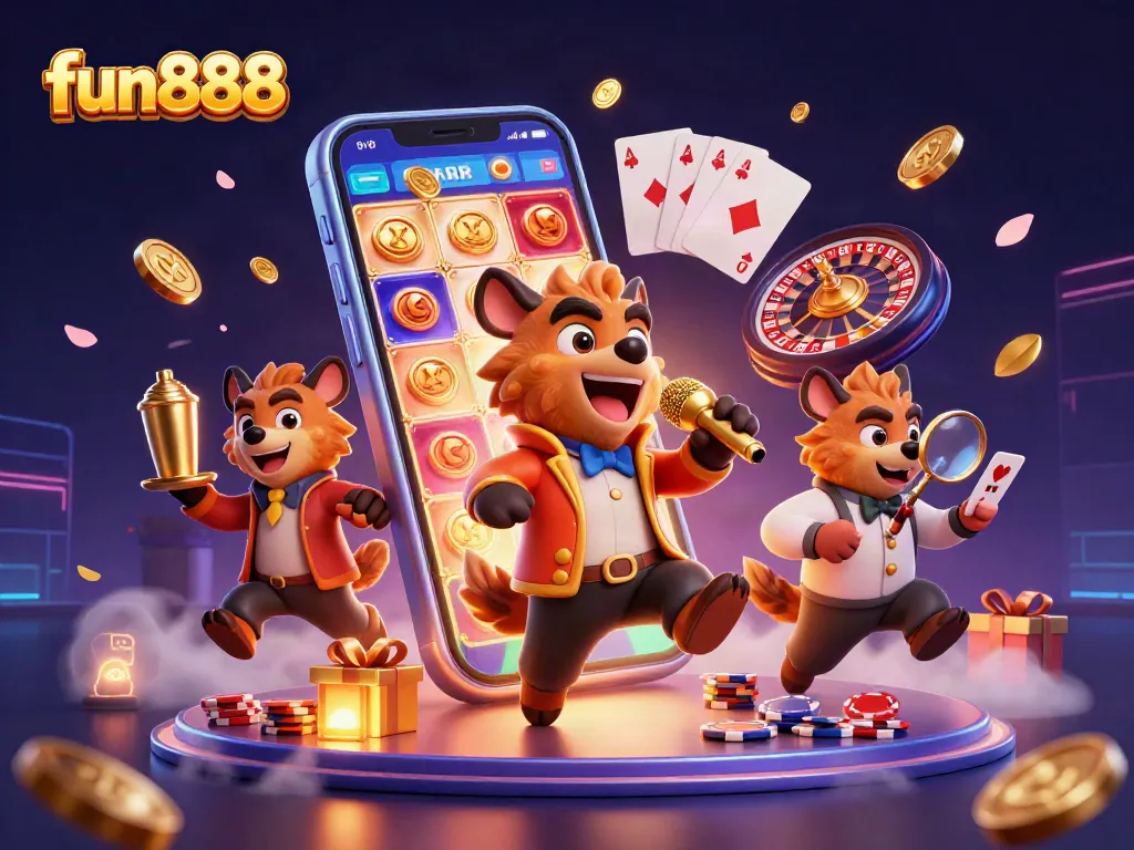 Experience fun888 with 3D cartoon hyenas at a vibrant comedy casino, bringing laughter and excitement.