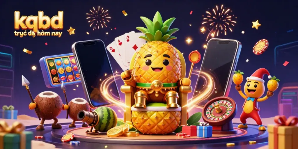 Engage with kqbd trực tiếp hôm nay as the golden pineapple king reigns over a vibrant beach casino scene.