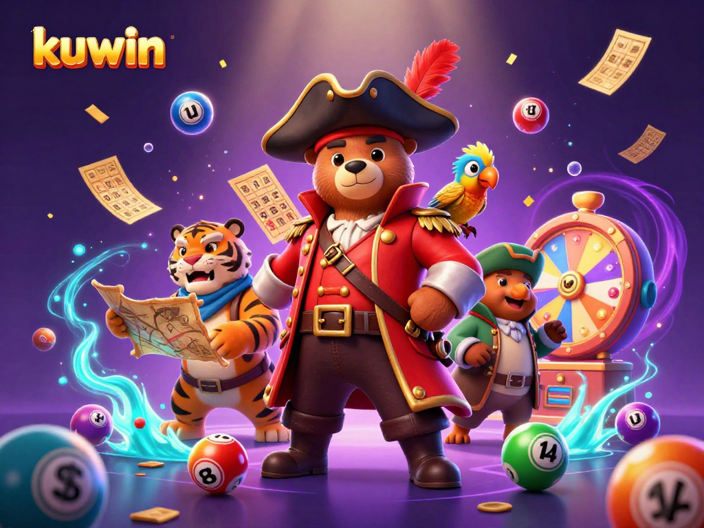 Engage in exciting gaming adventures with kuwin as a bear captain leads with a tiger and parrot in vibrant casino scene.