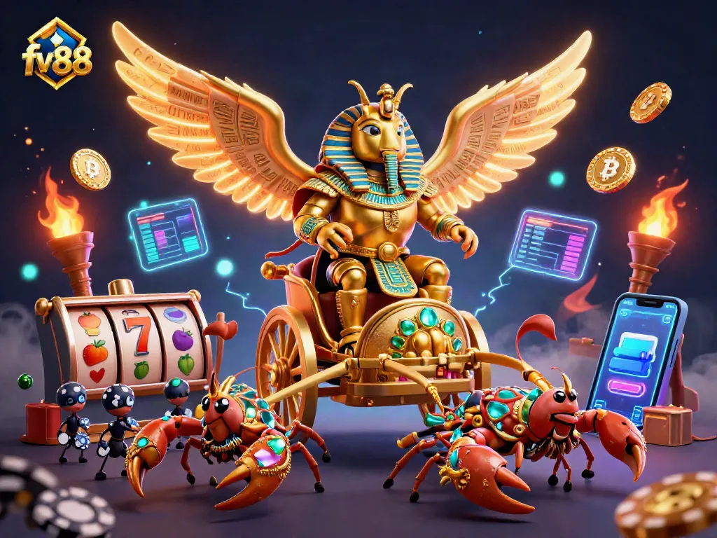 Spin to win with fv88's vibrant casino scene featuring a colossal golden scarab and lucky slot symbols.