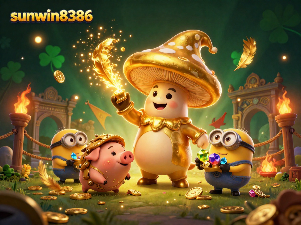 Engage in gaming fun at sunwin8386 with a magical scene of golden treasures and whimsical characters.