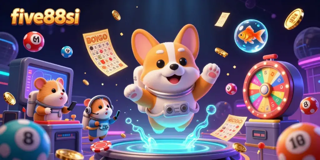 Engaging scene of five88si featuring a cartoon astronaut corgi in a floating casino with lottery elements.