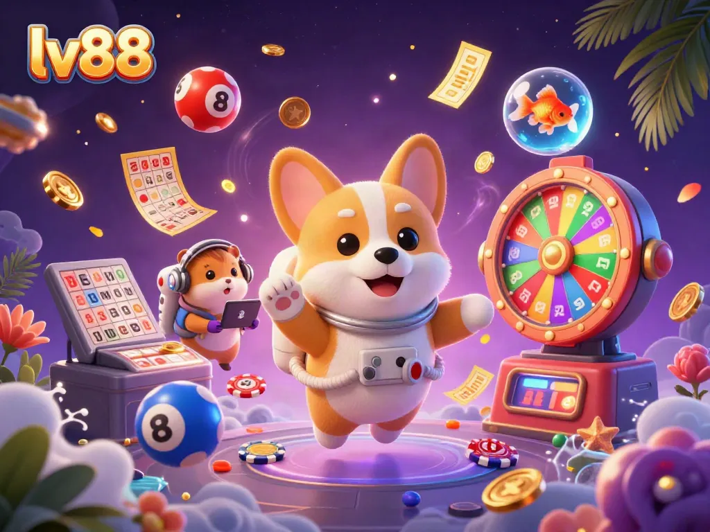 Experience thrilling gaming in a unique lv88 casino space with a playful corgi, hamster, and fish.