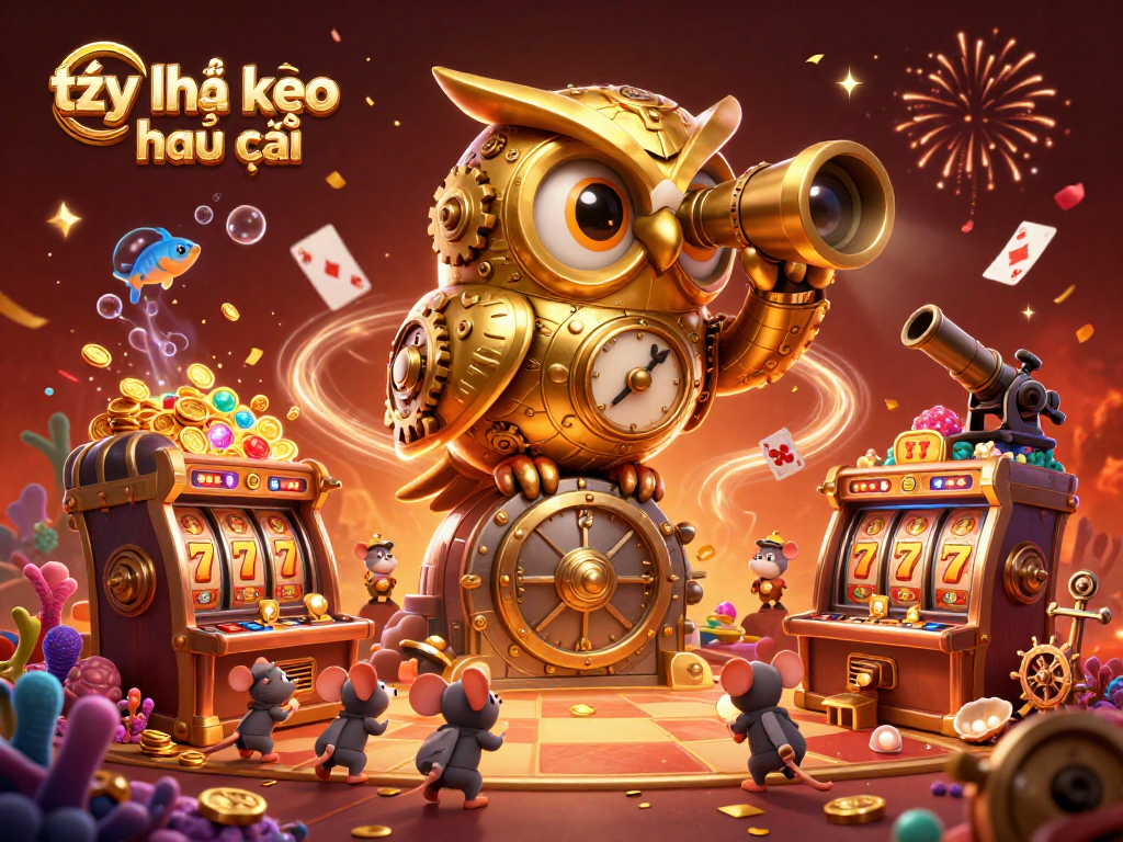 Bet on tỷ lệ kèo nhà cái with a vibrant 3D casino scene featuring a clockwork owl and slot machines.