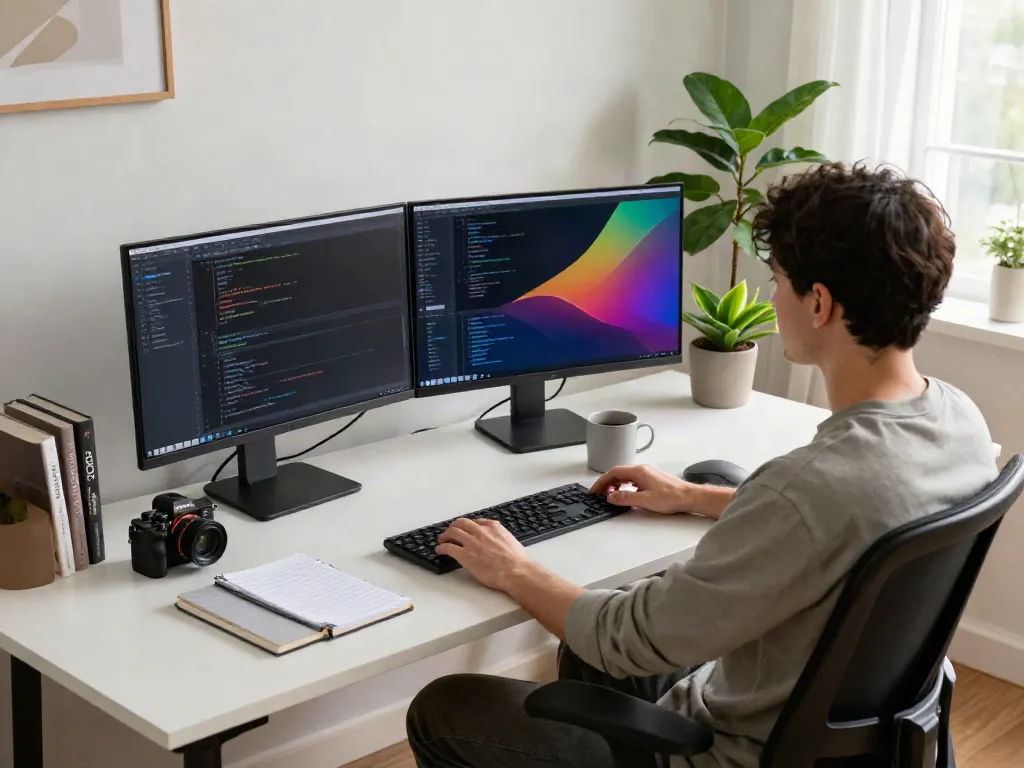 Developer implementing instant indexing strategies in a modern workspace with dual monitors and coding interface.