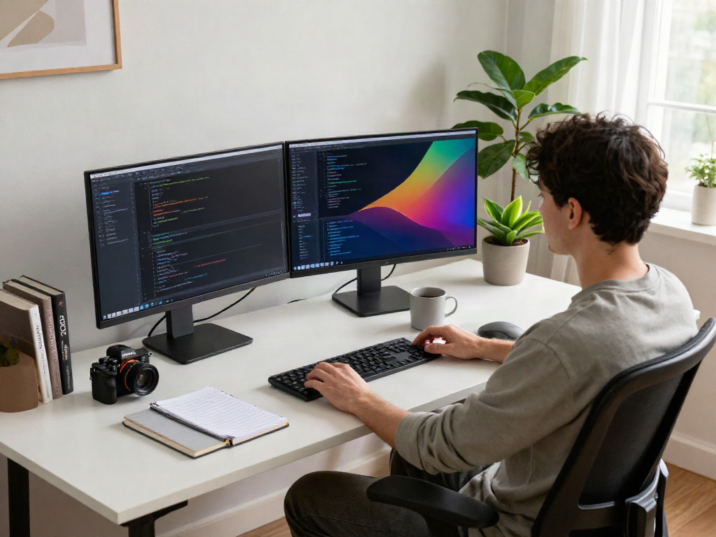 Developer implementing instant indexing strategies in a modern workspace with dual monitors and coding interface.