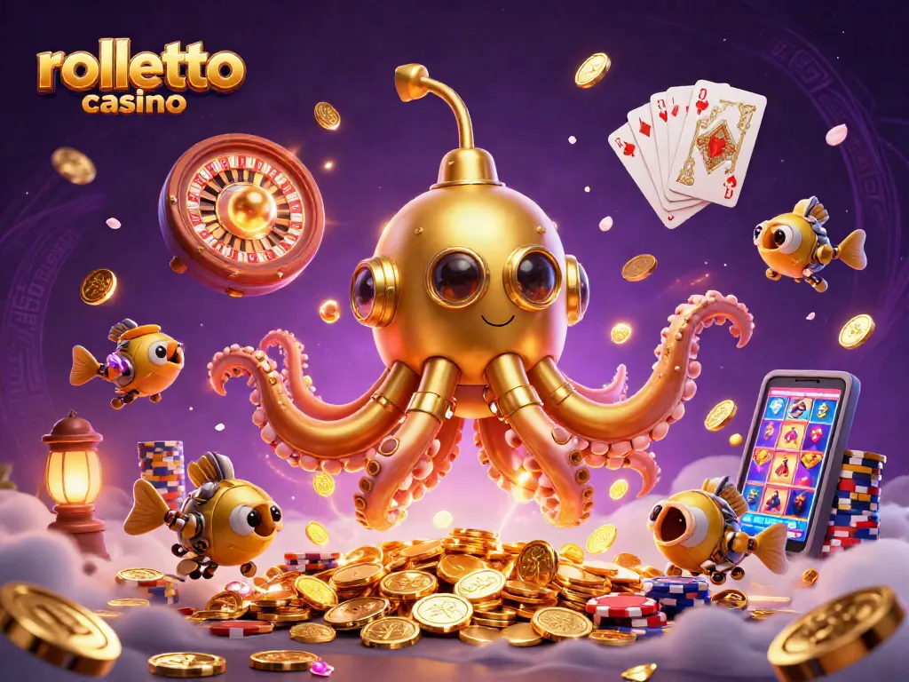 Experience rolletto casino with golden kraken submarine surrounded by vibrant casino-themed visuals.
