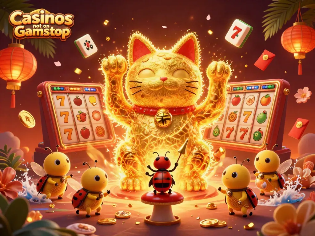 Engage with Casinos not on Gamstop as golden fireflies form a lucky cat surrounded by iconic casino symbols.