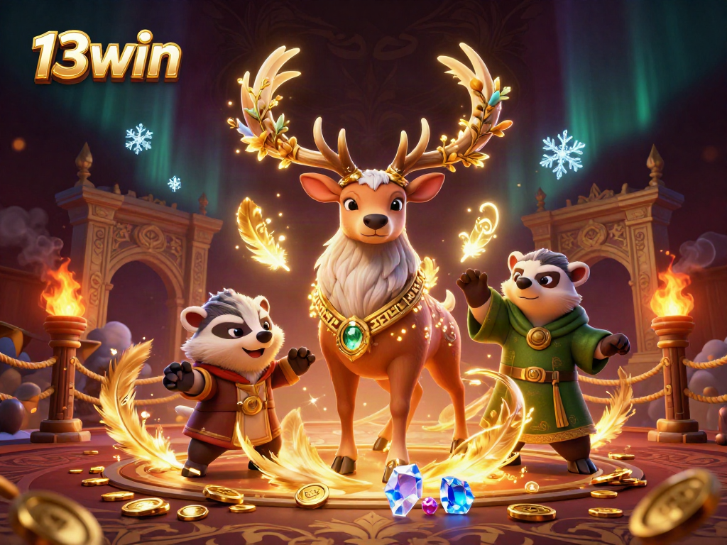Engage in thrilling gameplay at 13win with a Celtic stag and badger witnessing a vibrant gaming scene.