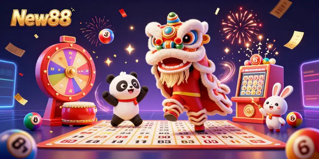 Experience winning excitement with New88 in this vibrant festive casino scene full of celebration.