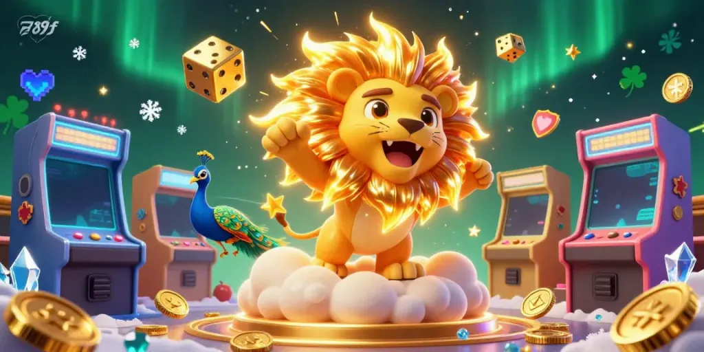 Experience the vibrant casino world of 789f with a roaring sun lion and dynamic gaming elements.