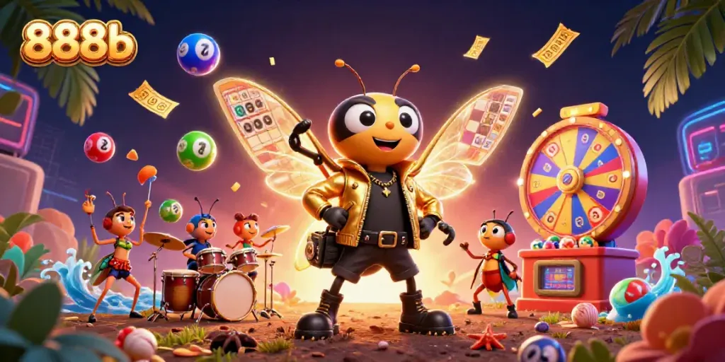 Engage in thrilling fun with 888b as a cicada rock star and vibrant lottery elements surround you!