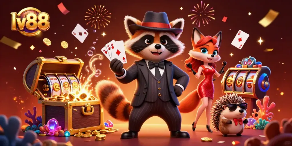 Experience thrilling wins at lv88 with a raccoon, fox, and hedgehog immersed in casino magic.