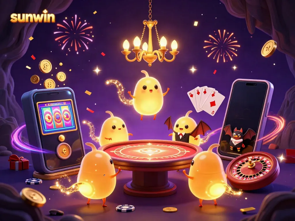 Engage with sunwin's vibrant casino scene lit by glowworms and a bat dealer, showcasing thrilling slot action and golden coins.