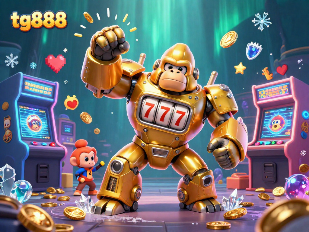 Experience thrilling casino action with tg888's golden gorilla mech in a vibrant, dynamic scene.