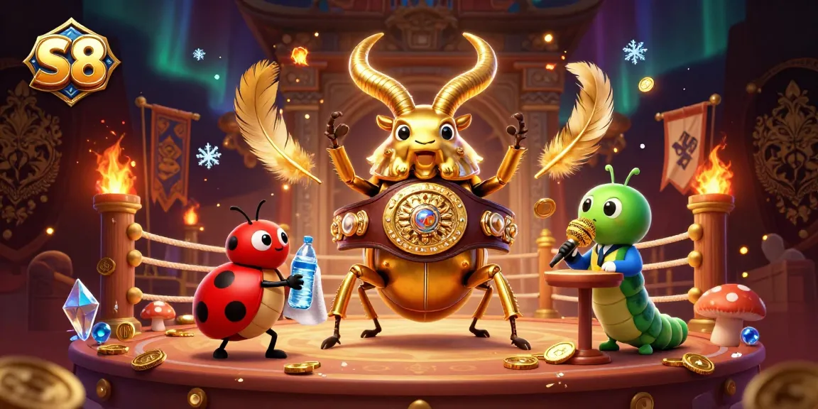 S8 captivates players with a striking boxing champion beetle battling for glory amidst vibrant casino elements.
