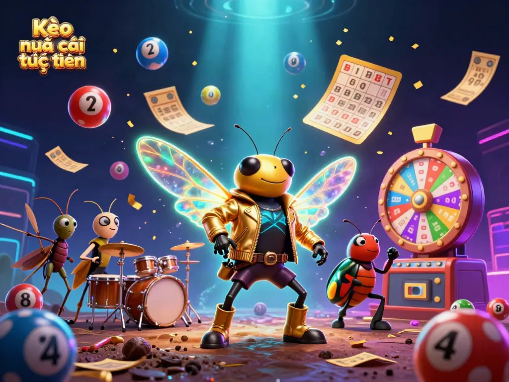 Engage with Kèo nhà cái trực tuyến featuring a 3D cartoon cicada rock star and vibrant gambling elements.