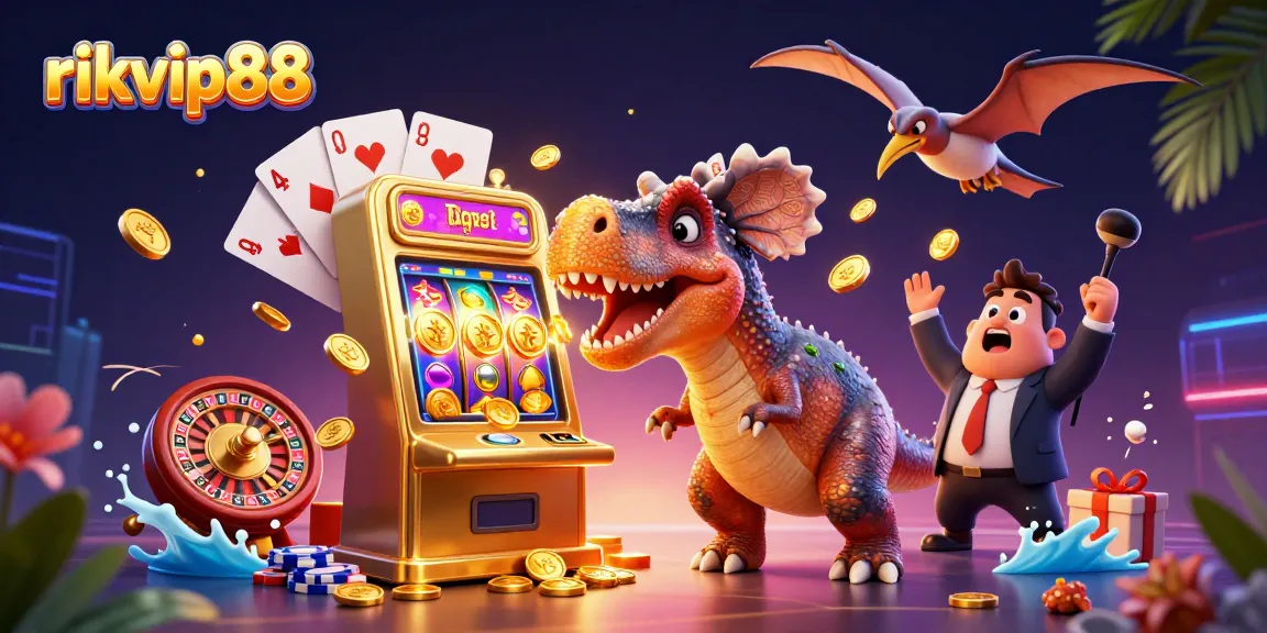 Witness the vibrant action at rikvip88 with a dinosaur slot machine showdown in a bustling casino atmosphere.