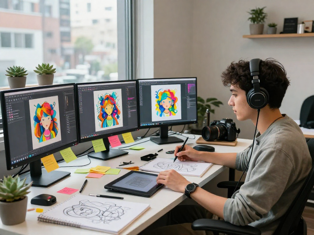 Creating innovative designs in a vibrant digital art studio showcasing 18+ ai technologies.