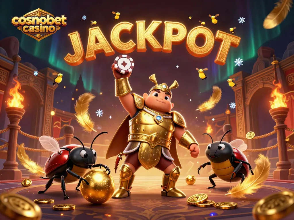 Experience the excitement at Cosmobet Casino with a victorious beetle champion lifting a poker chip!