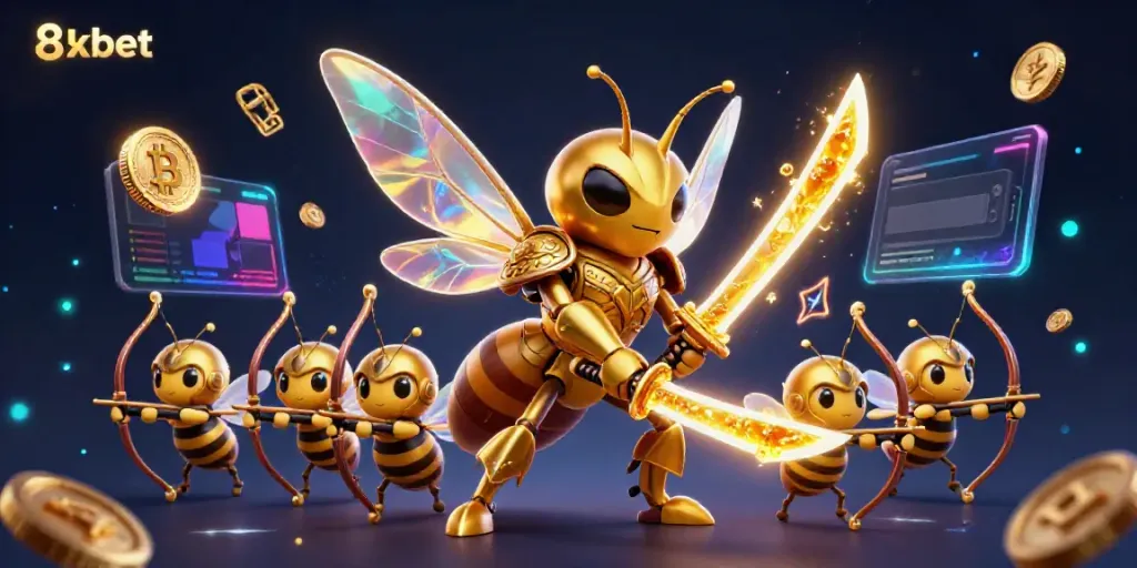 Experience thrilling gaming moments with 8xbet in this captivating 3D illustration of a golden hornet samurai and bee archers.