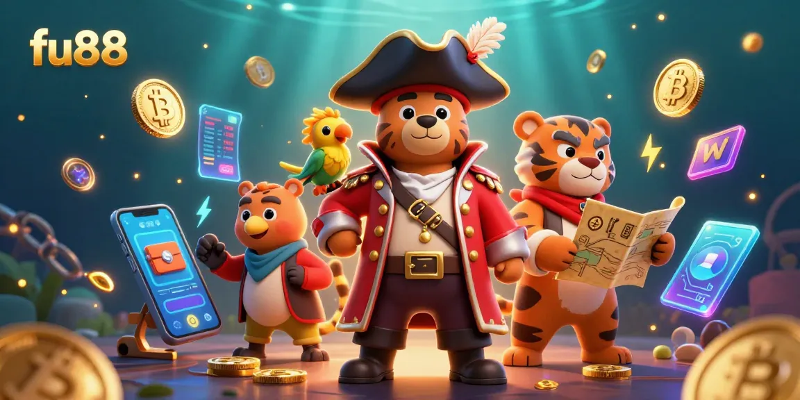 Win big with FU88's exciting games featuring a pirate captain bear and a fierce tiger in this vibrant casino scene.