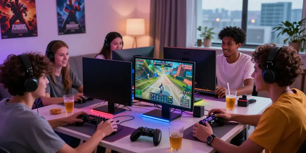 Exciting gaming gathering at https://go889.de.com/ with friends enjoying multiplayer action and snacks.