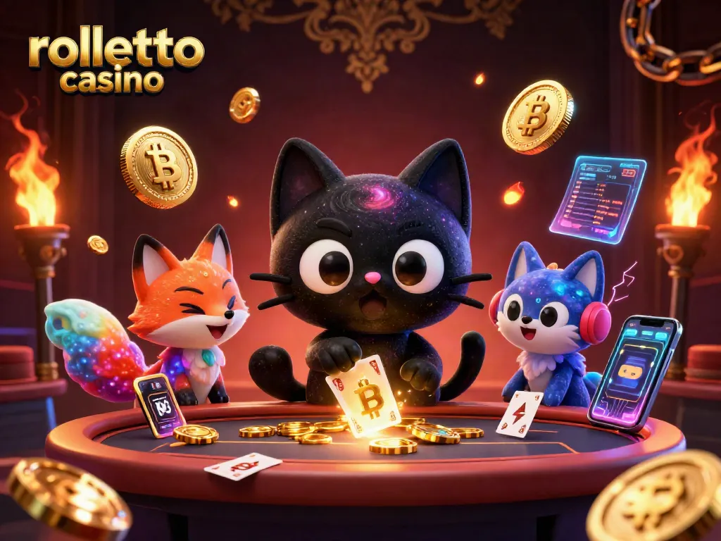 Rolletto Casino features a cosmic gambling scene with a black hole cat and nebula fox gathering chips.